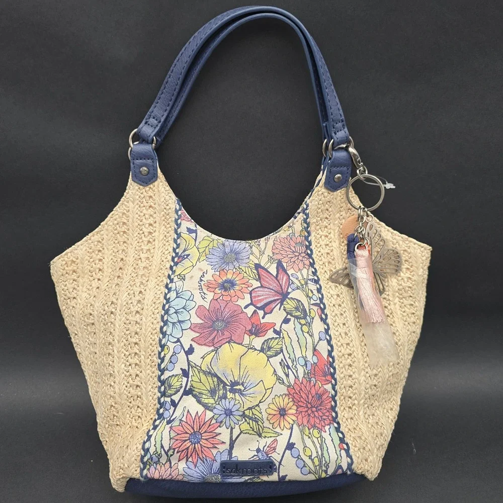 Sakroots Artist Circle Recycled City Straw Floral Butterfly Hobo Bag Navy Blue
